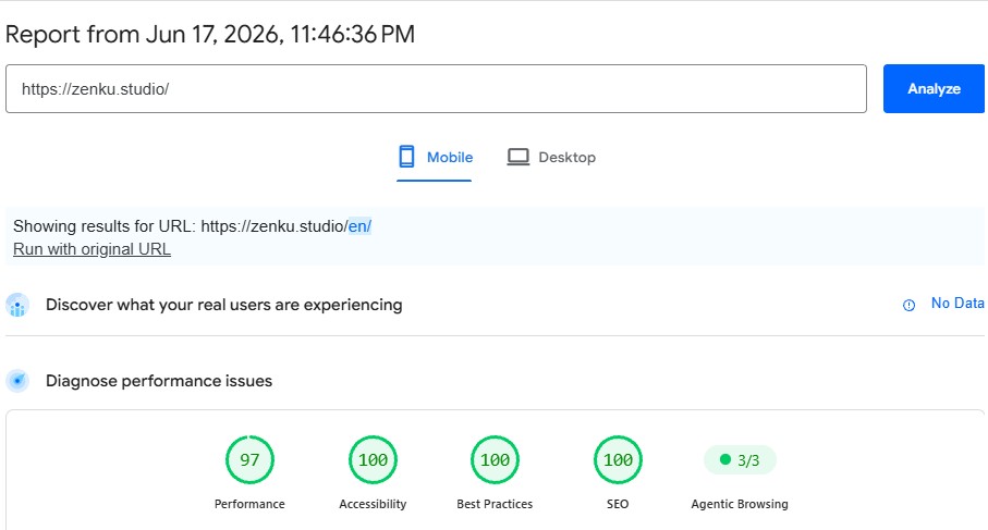 PageSpeed Insights report for zenku.studio showing the new Agentic Browsing category, 3 of 3 passed