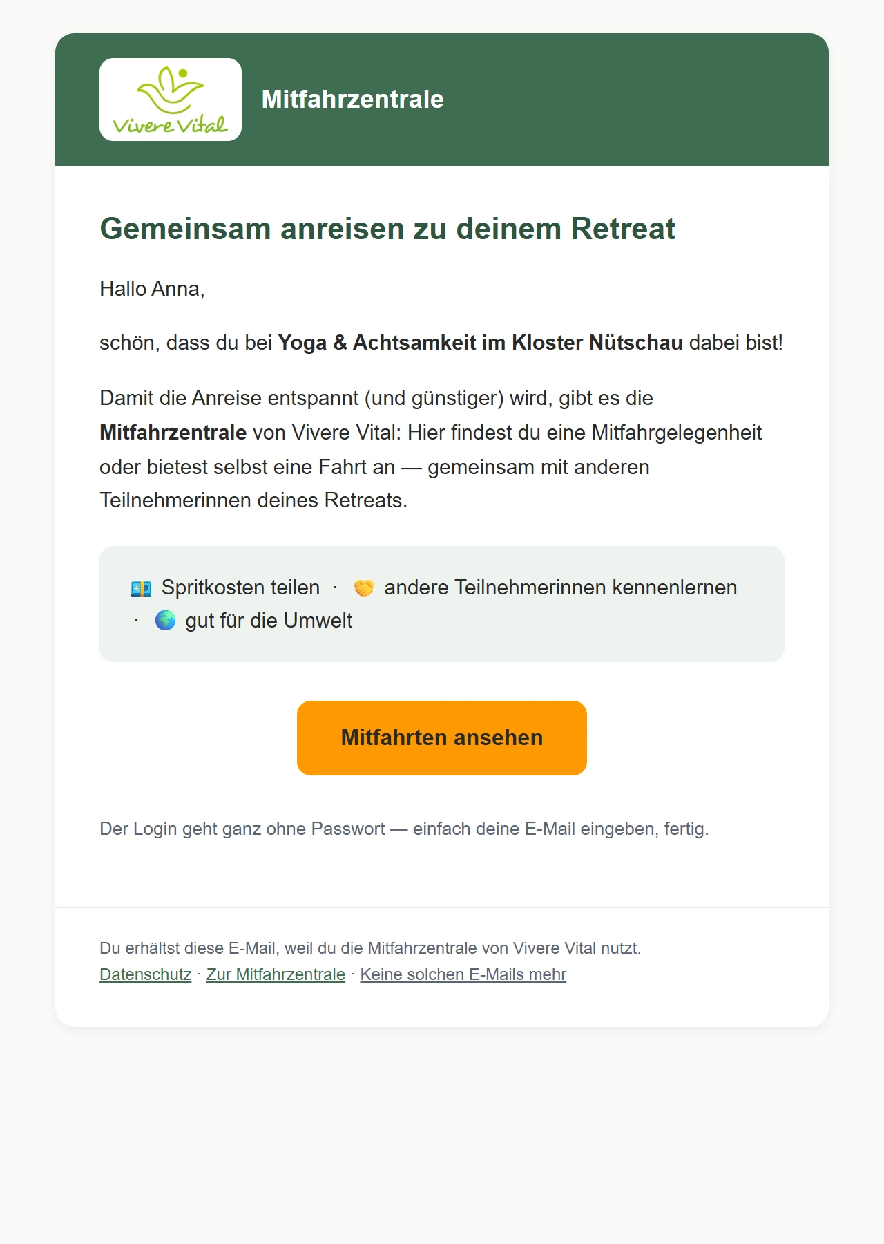 Welcome email after booking pointing to the ride-share hub