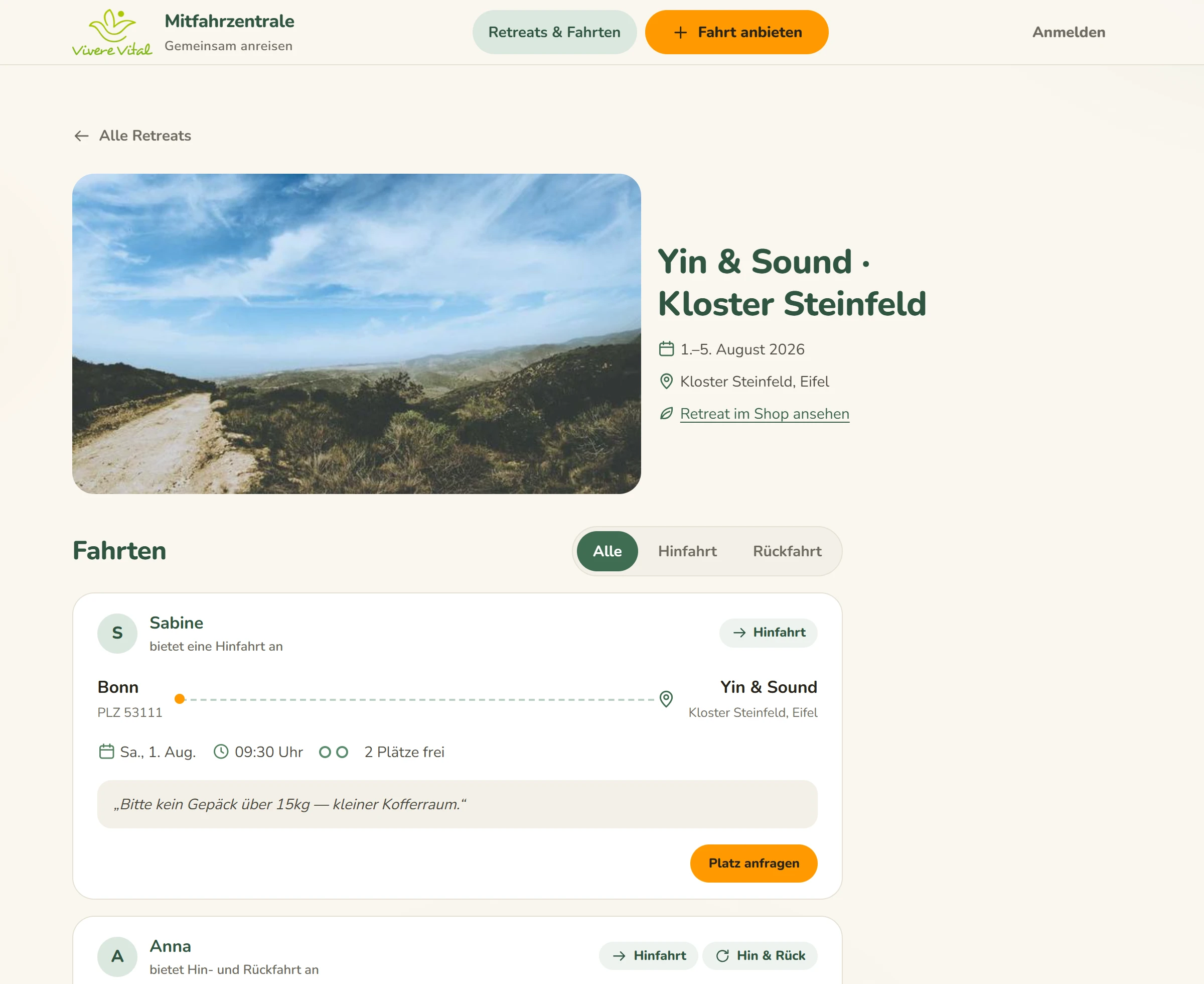 Retreat detail page with a list of rides, departure location and a request-seat button