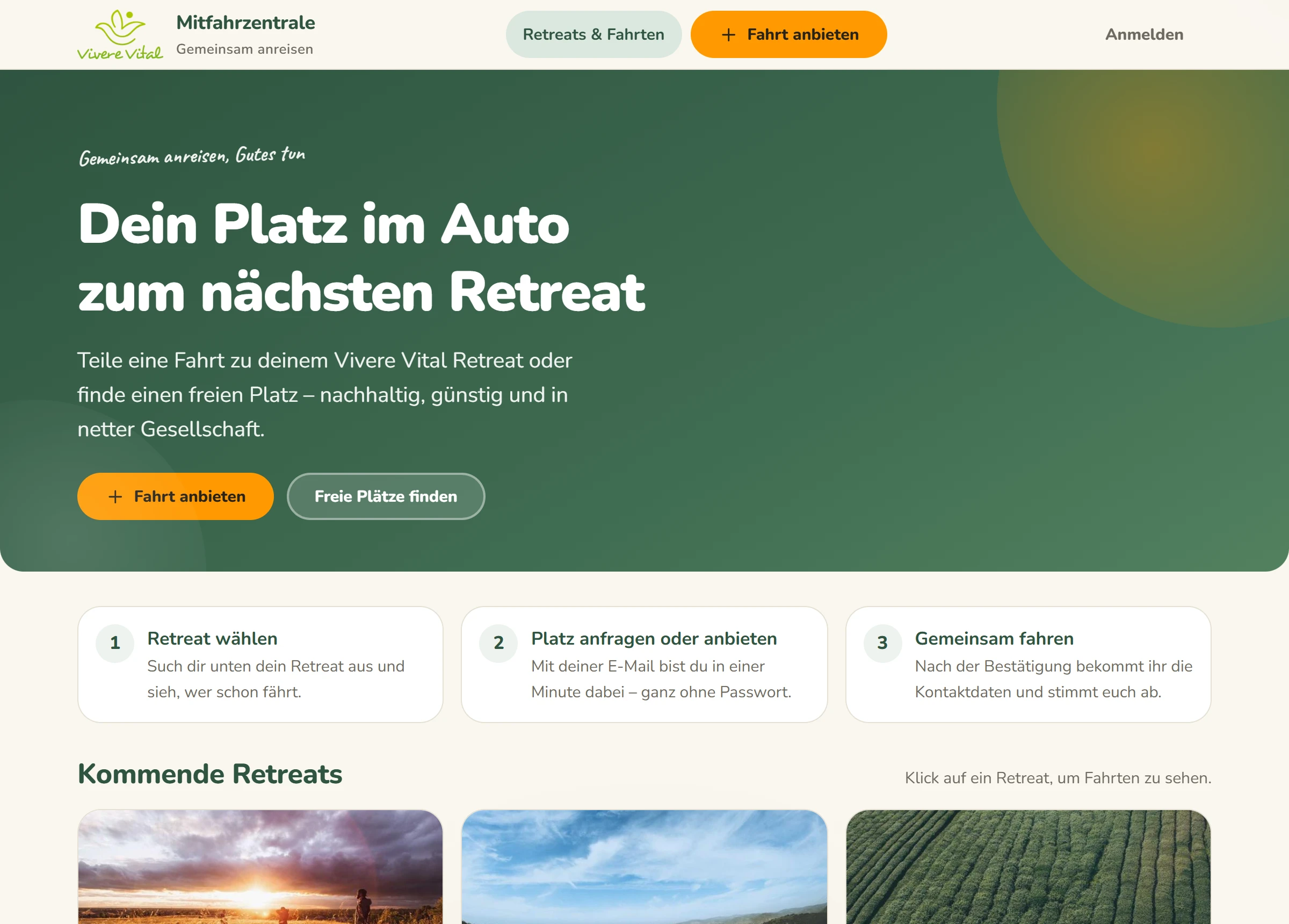 Home page of the ride-share platform with a hero section and upcoming retreats