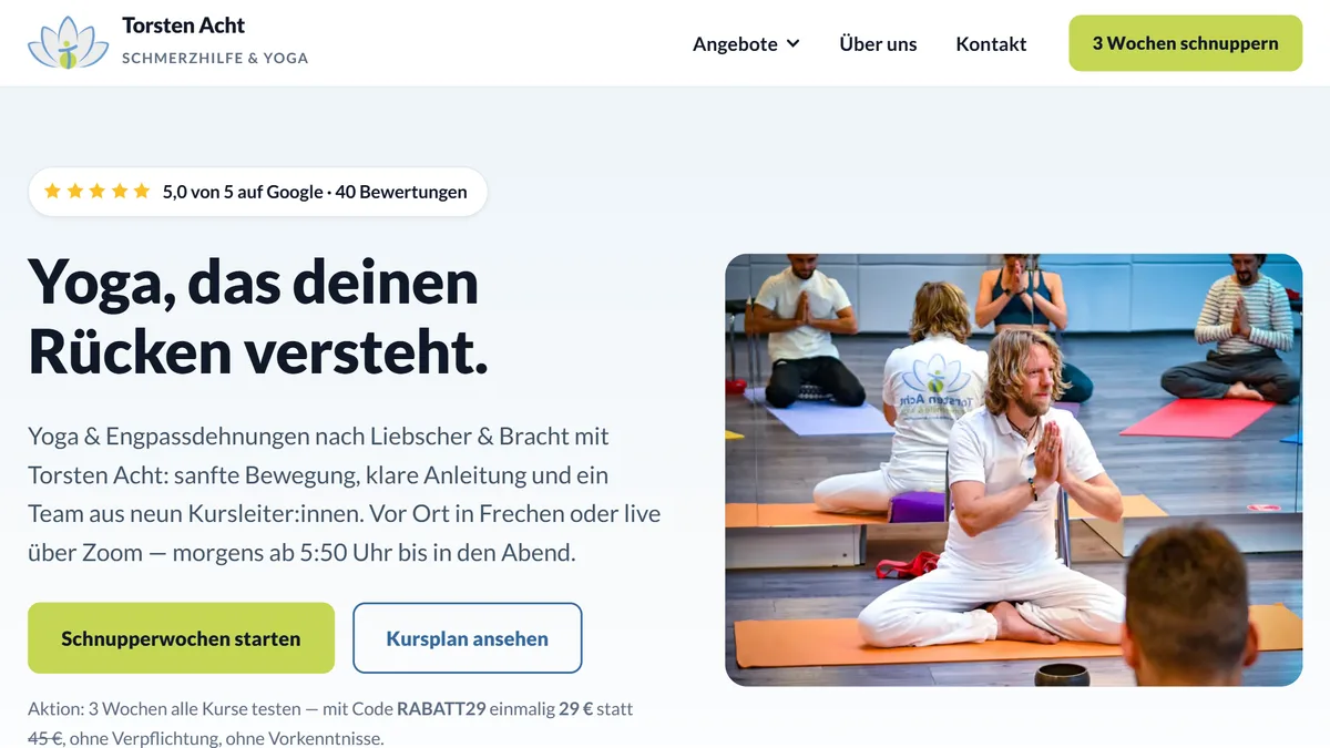 The studio's new homepage after the relaunch with a clear hero section, Google rating and class booking