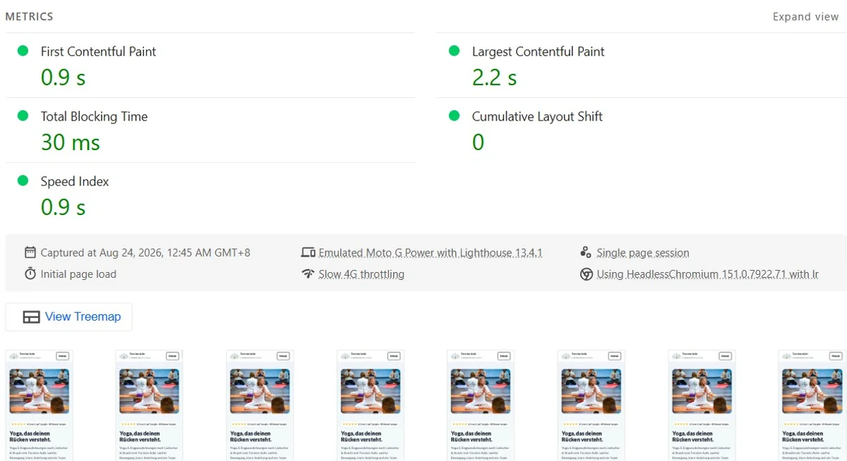 Core Web Vitals: First Contentful Paint 0,9 s, Largest Contentful Paint 2,2 s, Total Blocking Time 30 ms, Layout Shift 0