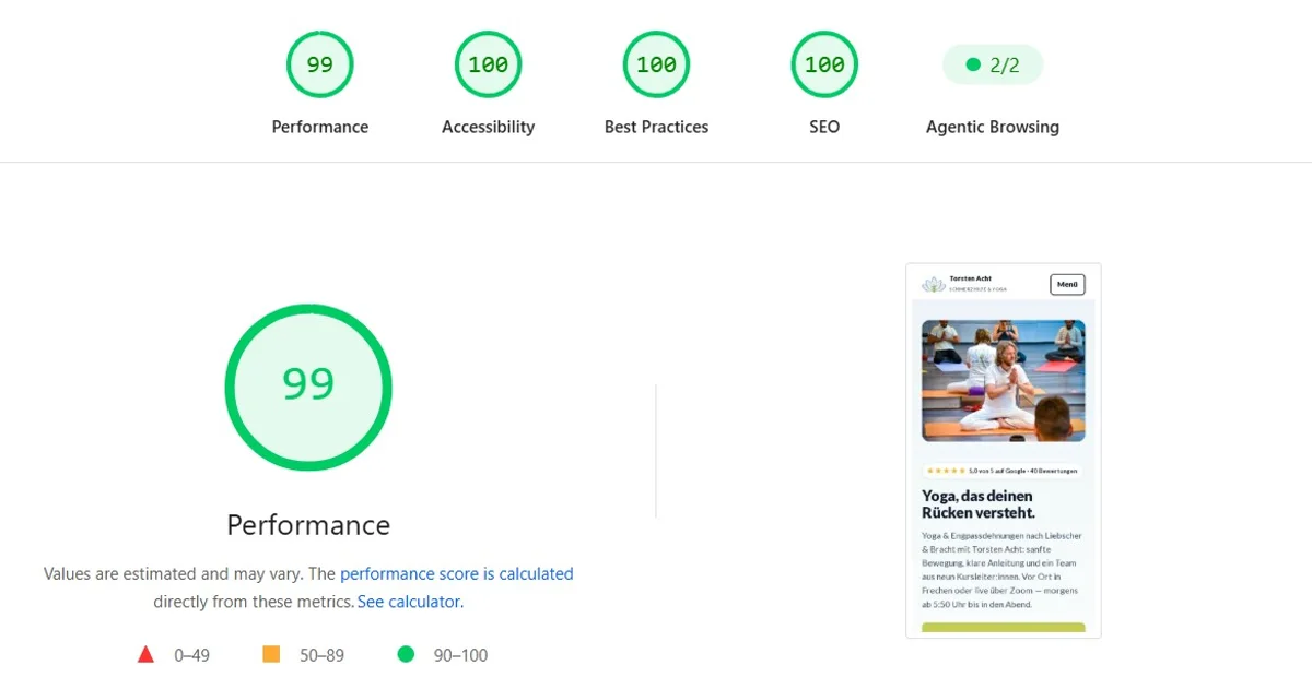PageSpeed-Insights-Ergebnis der Live-Domain: 99 Performance, 100 Accessibility, 100 Best Practices, 100 SEO